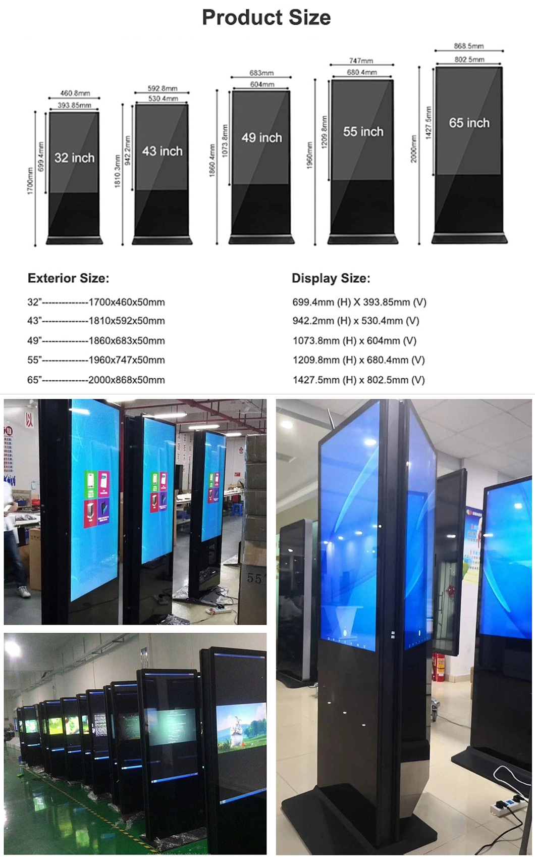 65 Inch Floor Standing Dual LCD Display Totem, Double Sided Digital Signage for Indoor